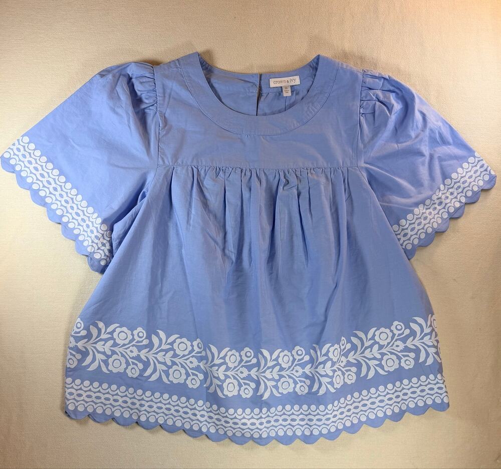Crown & Ivy XL 100% Cotton NWT Blue White Floral Border Print